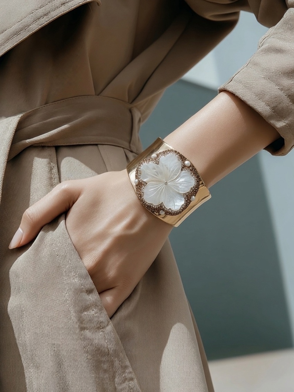 Gold Floral Statement Cuff Bracelet - White Flower mother of pearl Accent